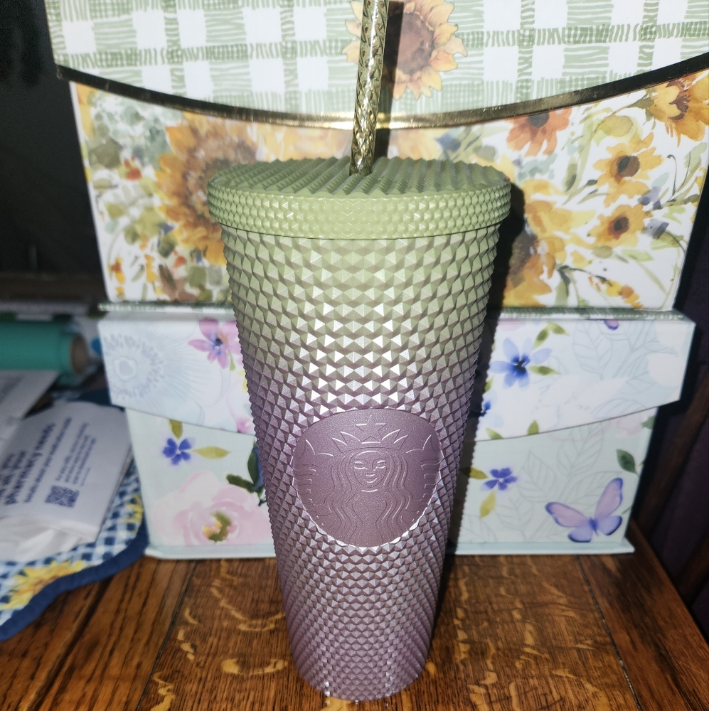 Starbucks green and purple studded cup